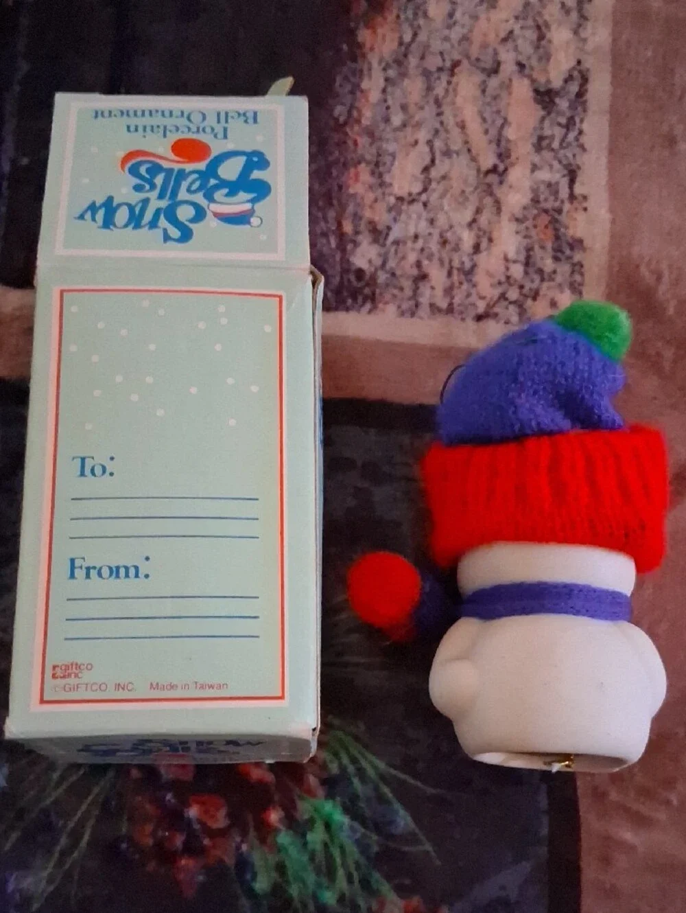 Porcelain Snowman Bell Ornament - Red Hat, Purple Scarf